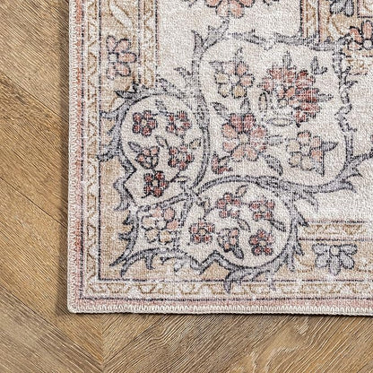 nuLOOM Ren Vintage Floral Machine Washable Ultra Thin Area Rug, 6' Square, Peach