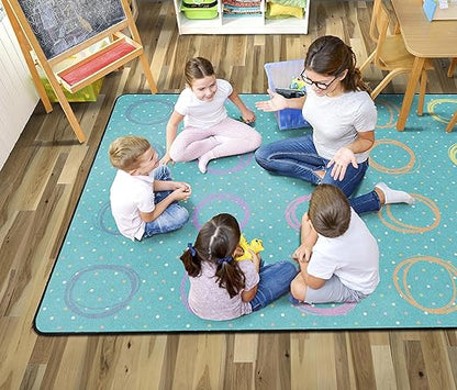 Flagship Carpets Smiley Circle Sampler Abstract Educational Area Rug for Kids Room Seating Décor, Children's Classroom, Play Carpet for Teaching and Playroom, Seats 20, 6' x 8'4", Blue & Multi