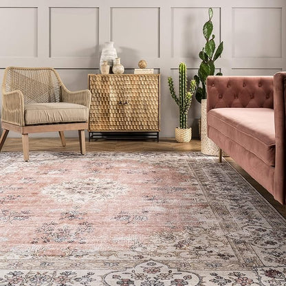 nuLOOM Ren Vintage Floral Machine Washable Ultra Thin Area Rug, 6' Square, Peach