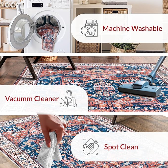 nuLOOM 3x5 Machine Washable Rain Haven Vintage Medallion Area Rug, Rust, Traditional Faded Design, Non-Slip Backing, Stain Resistant, For Bedroom, Dining Room, Living Room, Kitchen