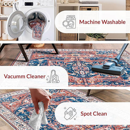 nuLOOM 3x5 Machine Washable Rain Haven Vintage Medallion Area Rug, Rust, Traditional Faded Design, Non-Slip Backing, Stain Resistant, For Bedroom, Dining Room, Living Room, Kitchen