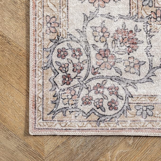 nuLOOM Ren Vintage Floral Machine Washable Ultra Thin Accent Rug, 2x3, Peach