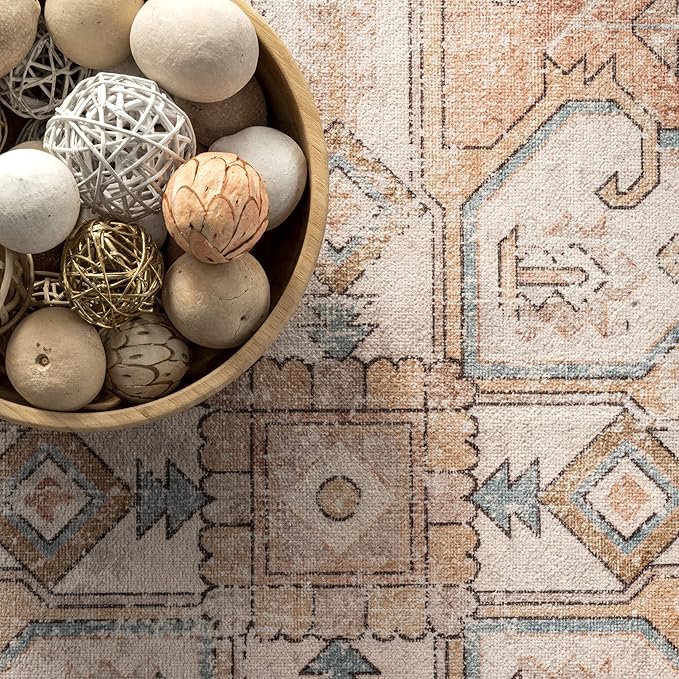 nuLOOM Dawson Machine Washable Distressed Medallion Ultra Thin Area Rug, 6' x 9', Peach