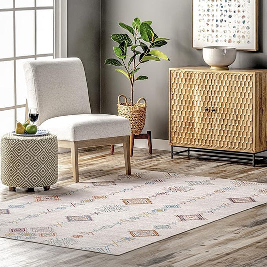 nuLOOM Kiya Machine Washable Moroccan Tribal Geometric Ultra Thin Area Rug, 4' x 6', Light Grey