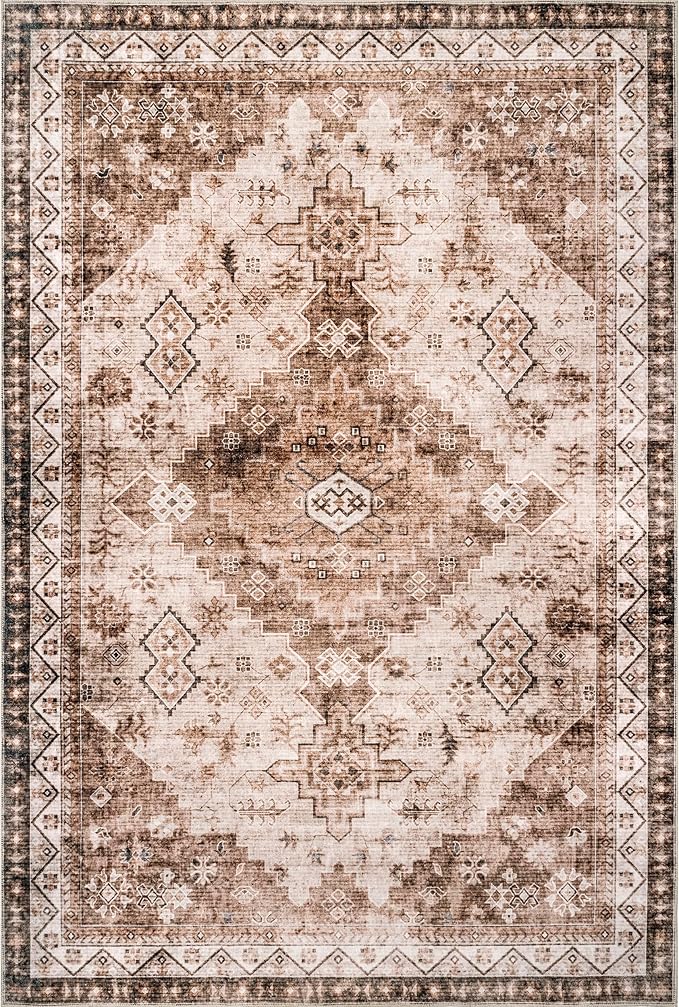 nuLOOM Dorota Machine Washable Geometric Medallion Ultra Thin Area Rug, 6' x 9', Beige