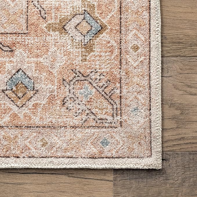 nuLOOM Dawson Machine Washable Distressed Medallion Ultra Thin Area Rug, 6' x 9', Peach