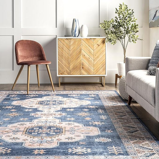 nuLOOM Norma Machine Washable Traditional Medallion Ultra Thin Runner Rug, 2' 6" x 8', Blue