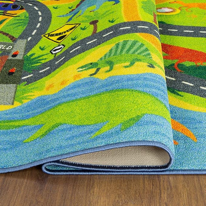 KC Cubs Dinosaur Dino Safari Road Map Learning & Game Area Carpet for Kids and Children Bedrooms and Playroom Educational Rug, 5 ft x 6 ft 6 in, Multi