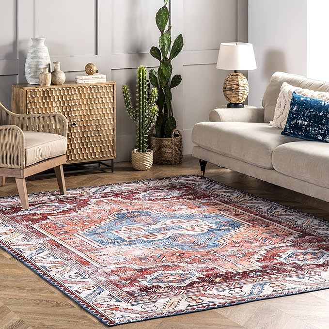 nuLOOM Marli Machine Washable Faded Medallion Ultra Thin Accent Rug, 2' x 3', Rust