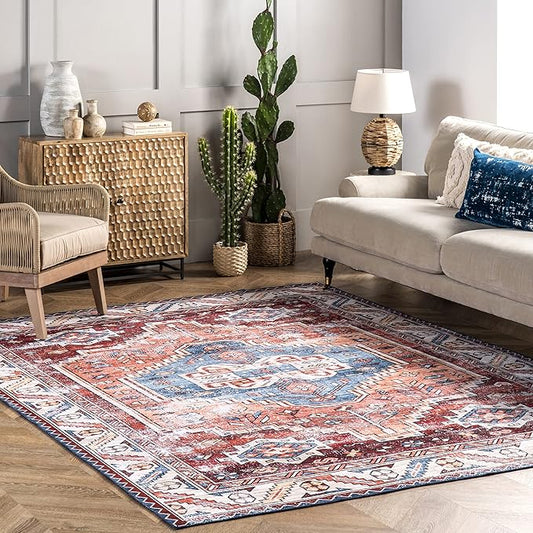 nuLOOM Marli Machine Washable Faded Medallion Ultra Thin Accent Rug, 2' x 3', Rust