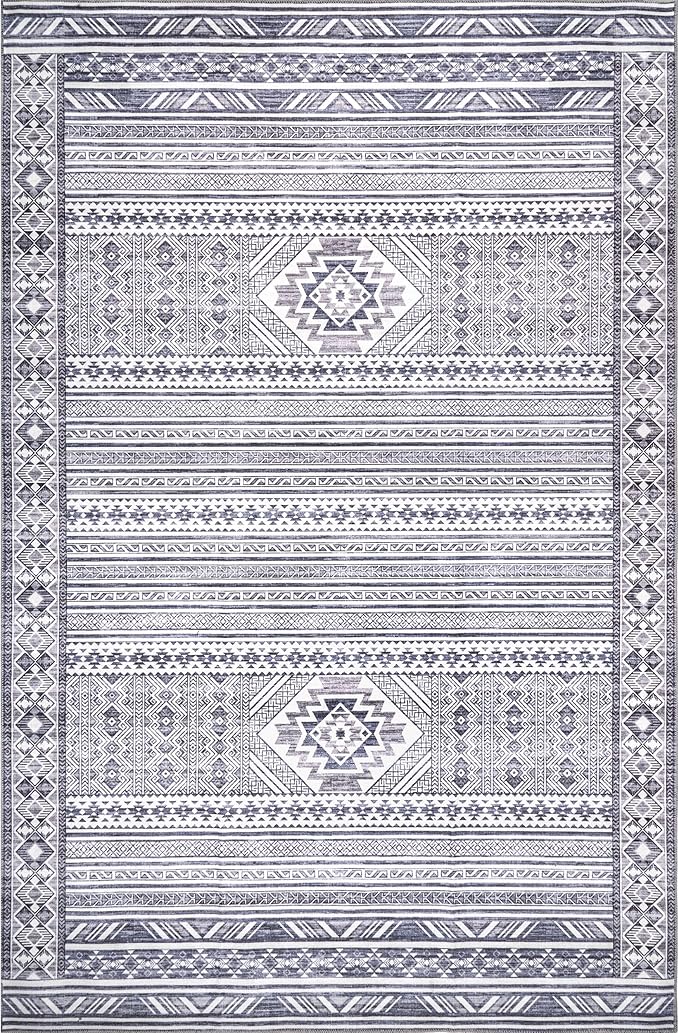 nuLOOM Jenine Southwestern Machine Washable Ultra Thin Area Rug, 4x6, Grey