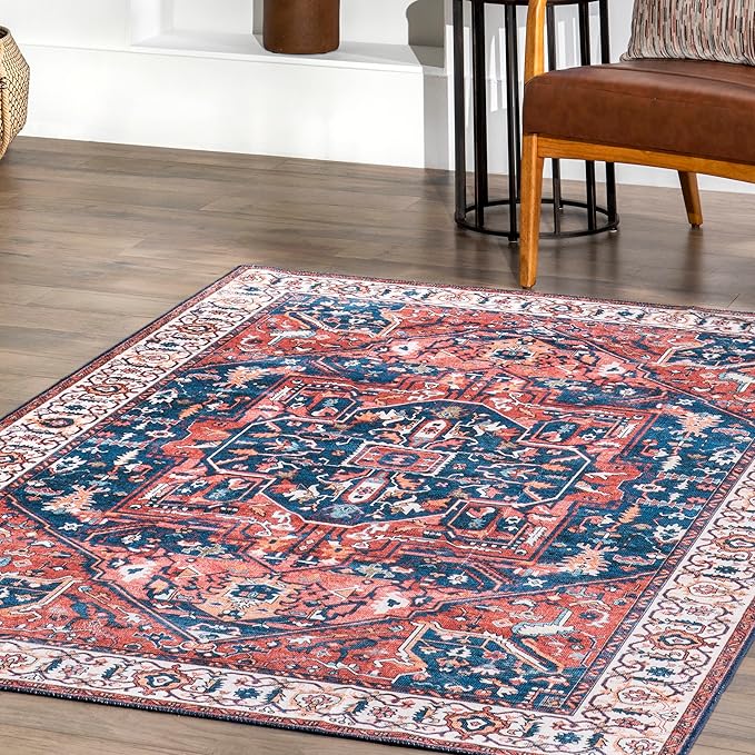 nuLOOM 3x5 Machine Washable Rain Haven Vintage Medallion Area Rug, Rust, Traditional Faded Design, Non-Slip Backing, Stain Resistant, For Bedroom, Dining Room, Living Room, Kitchen